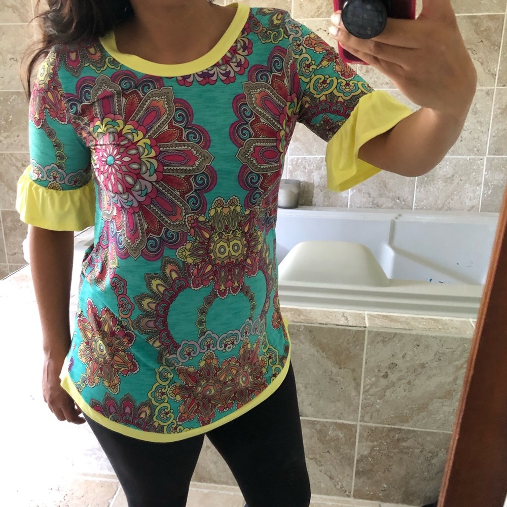 Hippie Retro Paisley Flowy Sleeves Tunic Top Small